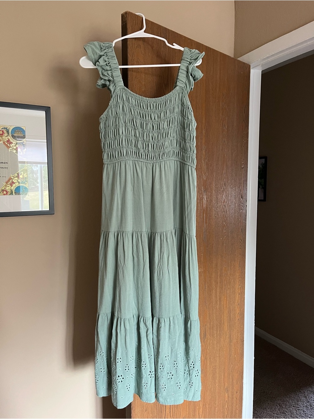 Blu Pepper Sage Green Smocked Maxi Dress with Ruffle Straps